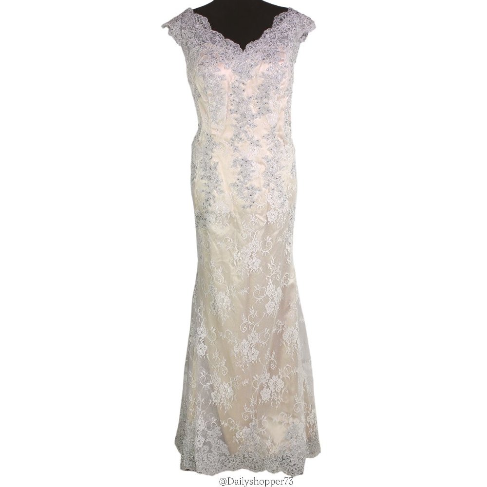 Women's Beige & Silver Floral Lace Trumpet Evening Gown